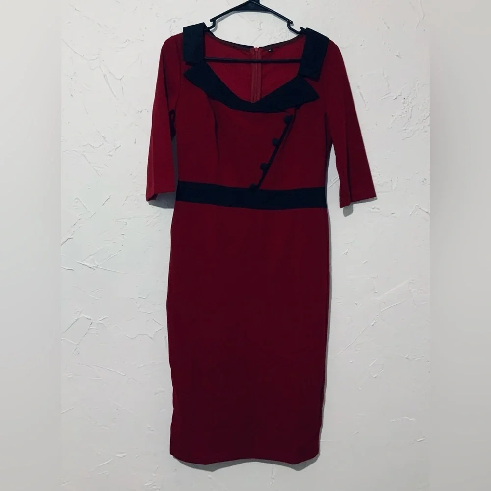 Red Bodycon Pencil Dress | Black Trim | Knee Length | Retro Chic Sz Medium